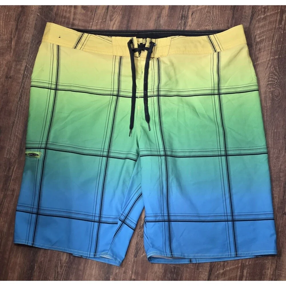 Hang Ten Men’s 38 Tri Color Ombre Gradient Grid Plaid Board Shorts Surf Swim